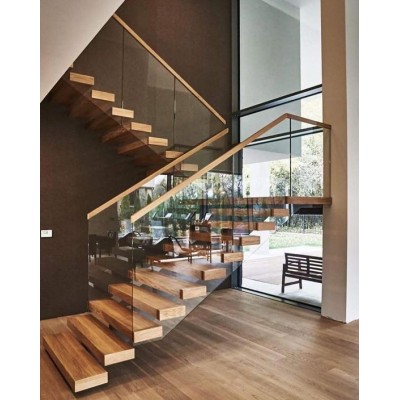 Interior staircase with Wood Tread and Glass Railing U-shape with landing Solid wood oak staircase new model fashional design