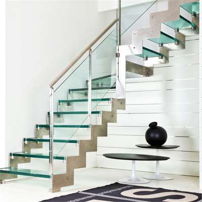 Interior L-shape glass stair case with laminated glass tread stylish design aluminum supporter